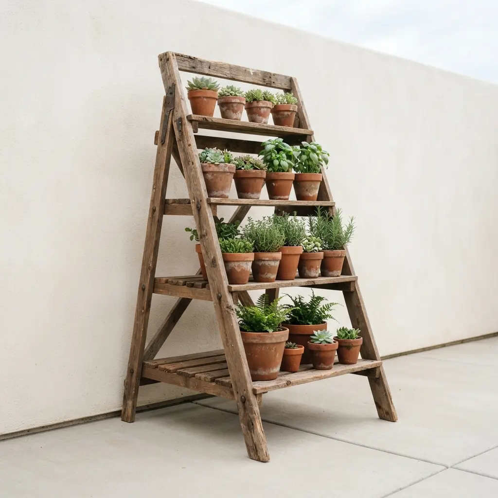 DIY flower pot stand ideas featuring a foldable rustic A-frame with terracotta pots on a sunny patio.