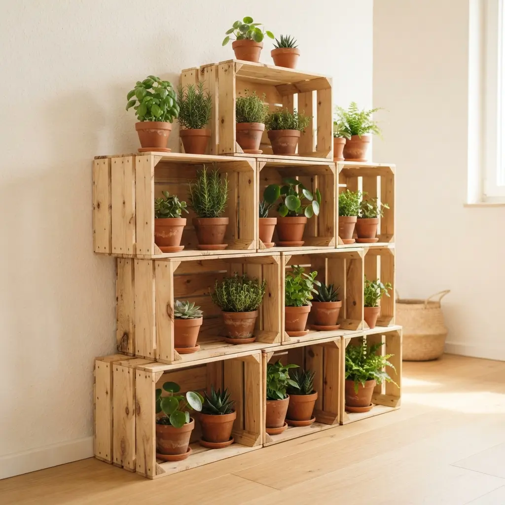 DIY flower pot stand ideas showing stacked wooden crates with potted herbs and small plants near a wall.