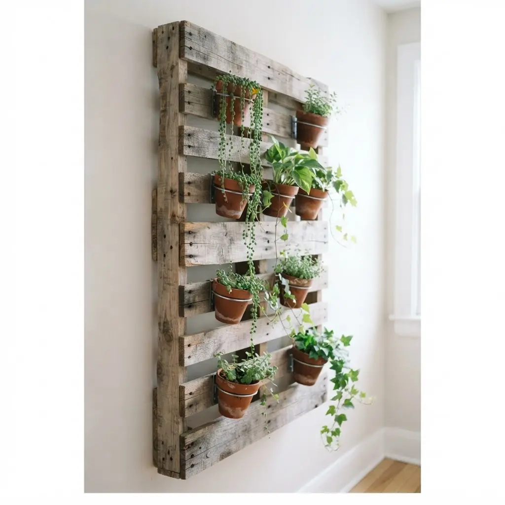 DIY flower pot stand ideas featuring a vertical pallet rack fixed to a wall with small hanging pots.