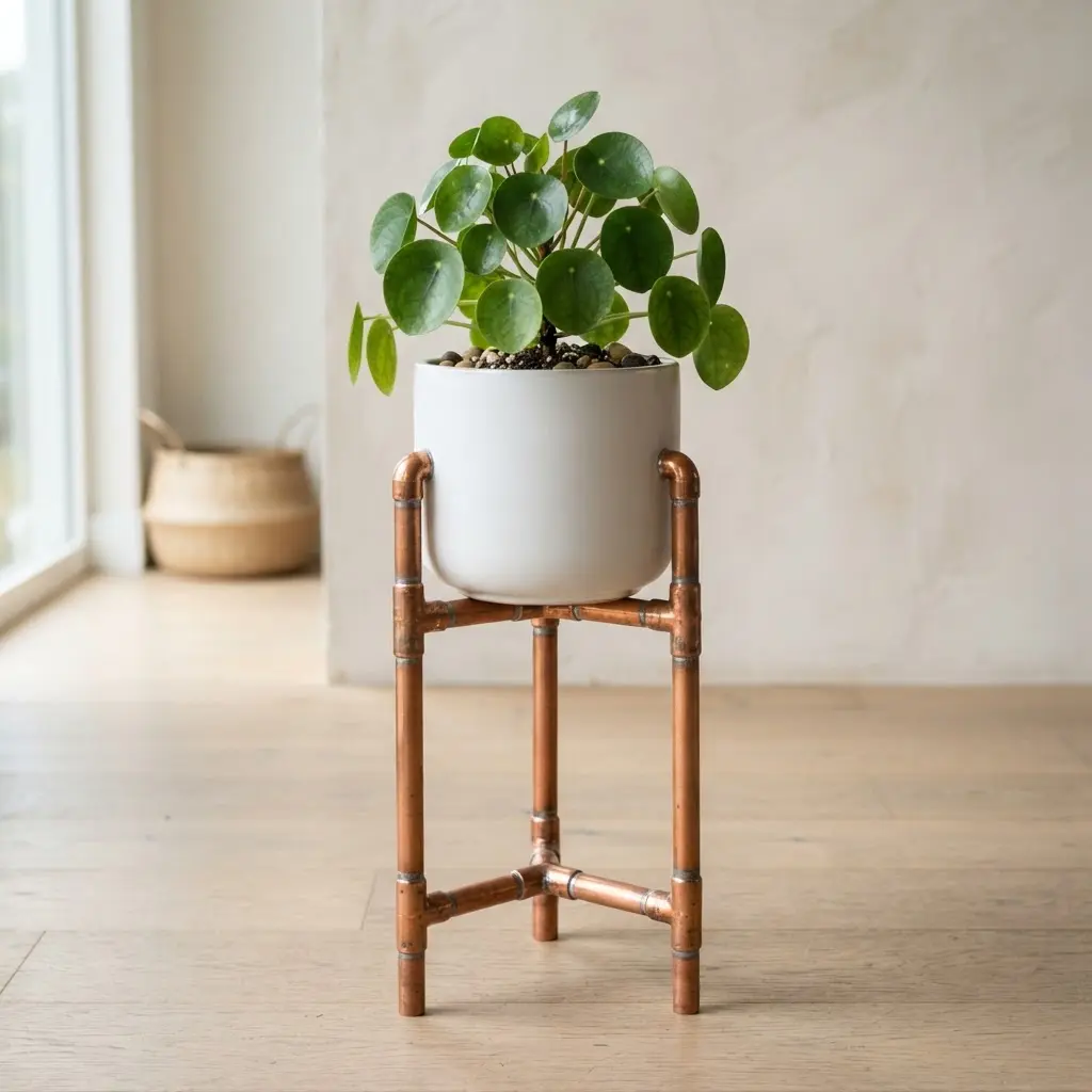 DIY flower pot stand ideas showing a copper pipe tripod with a round white planter beside a bright window.