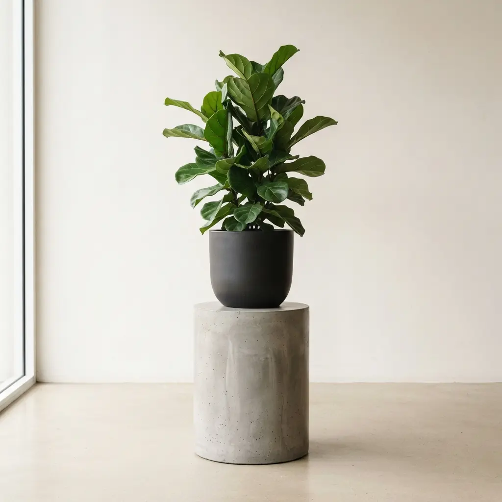 DIY flower pot stand ideas featuring a smooth concrete pedestal with a broad leafy plant in a dark pot.