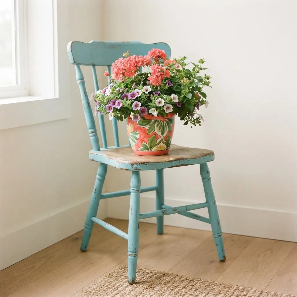 DIY flower pot stand ideas showing a repurposed blue chair used as a flower pot stand in a garden.