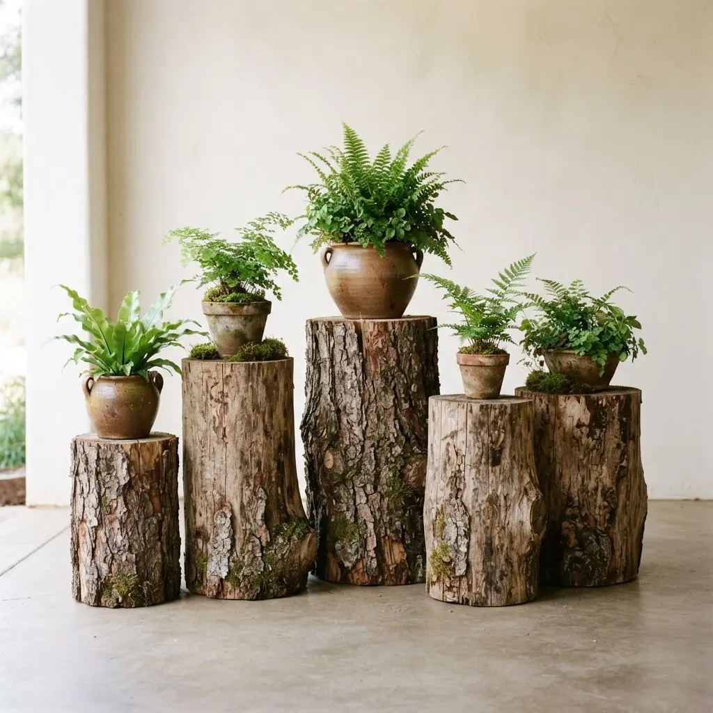 DIY flower pot stand ideas featuring natural tree stumps at varied heights with fern and flower pots.