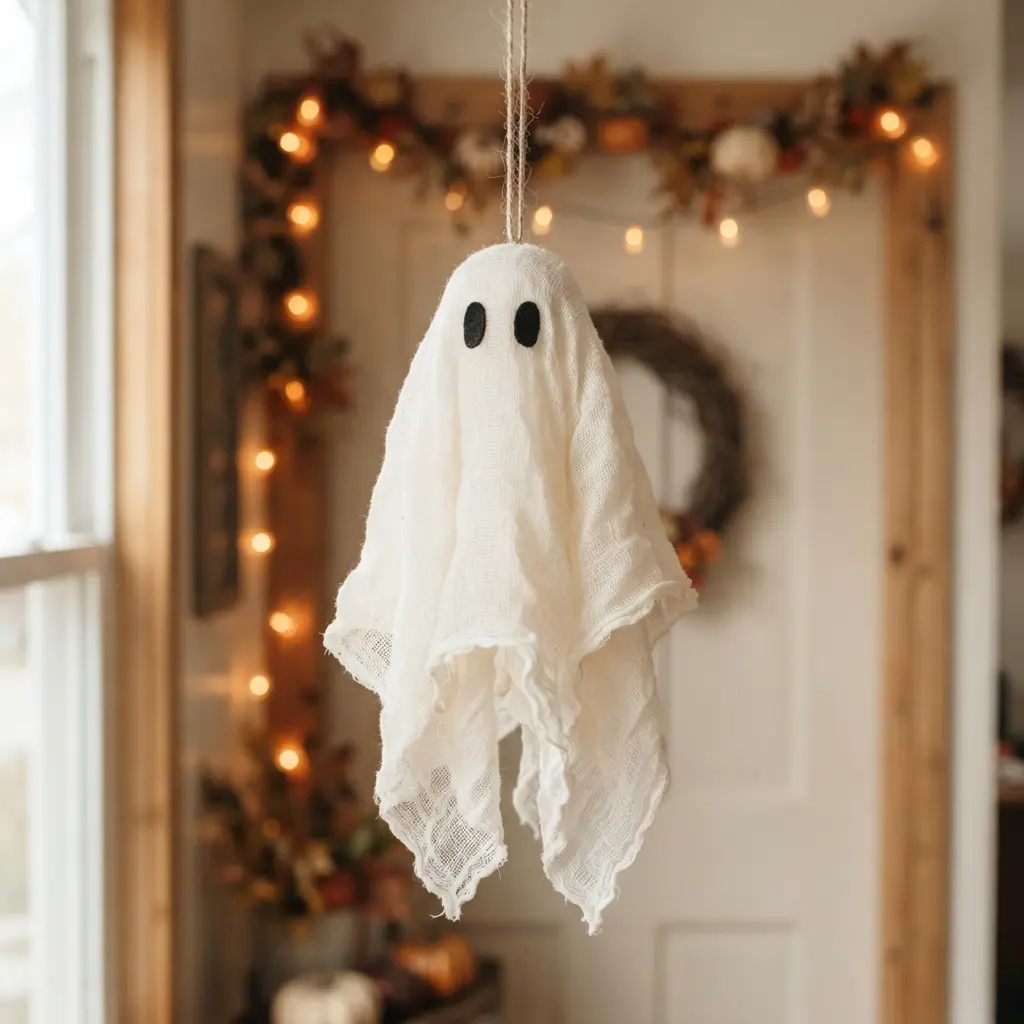 White cheesecloth ghost hanging near a doorway with black eyes and handmade Halloween decorations.