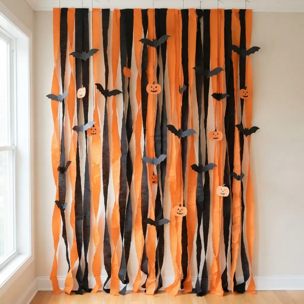 Orange and black paper streamers form a Halloween photo backdrop.