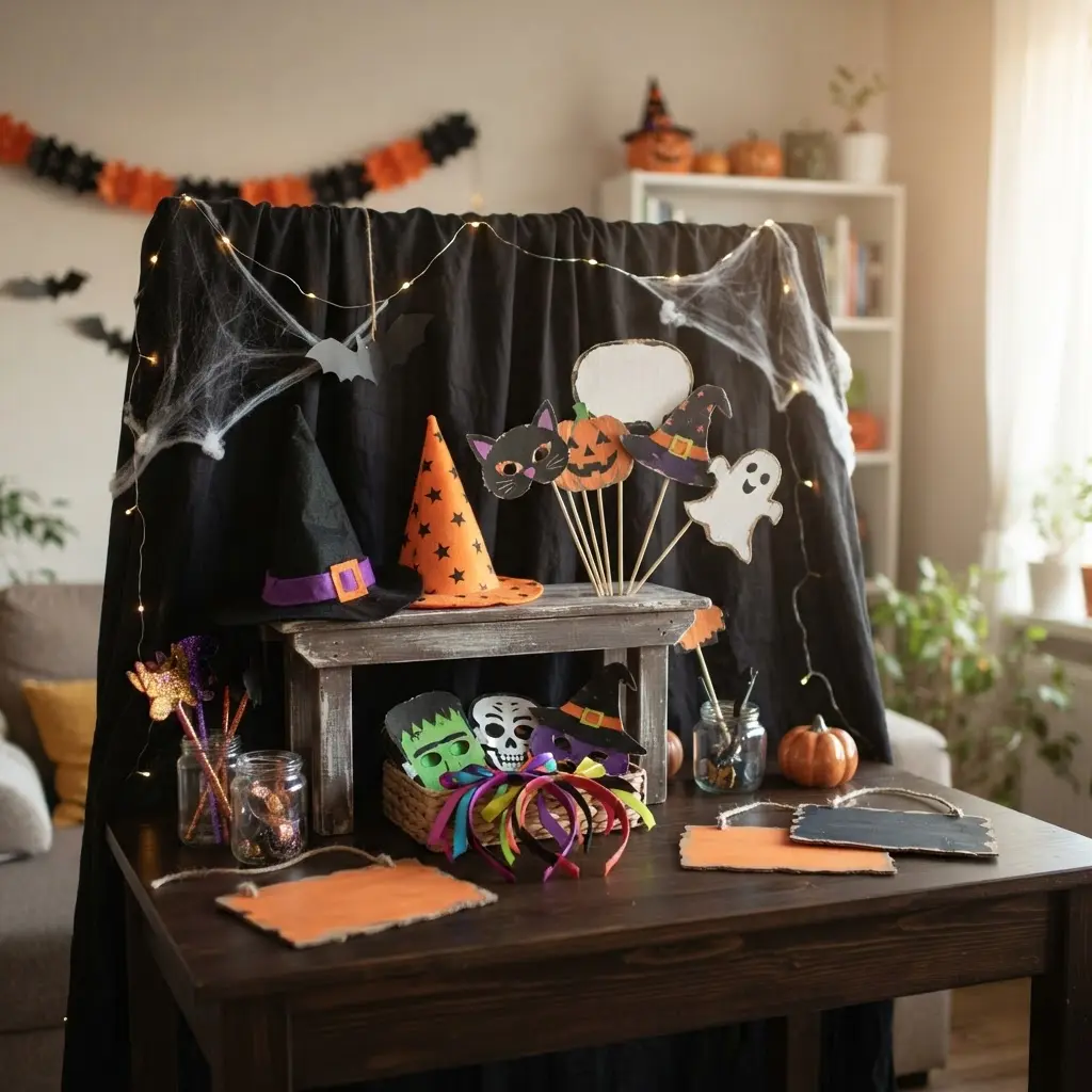 Small photo booth corner with Halloween props and a black curtain.