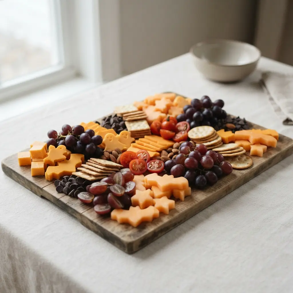Wooden snack board holds cheese, crackers, grapes, and fruit arranged in Halloween shapes.