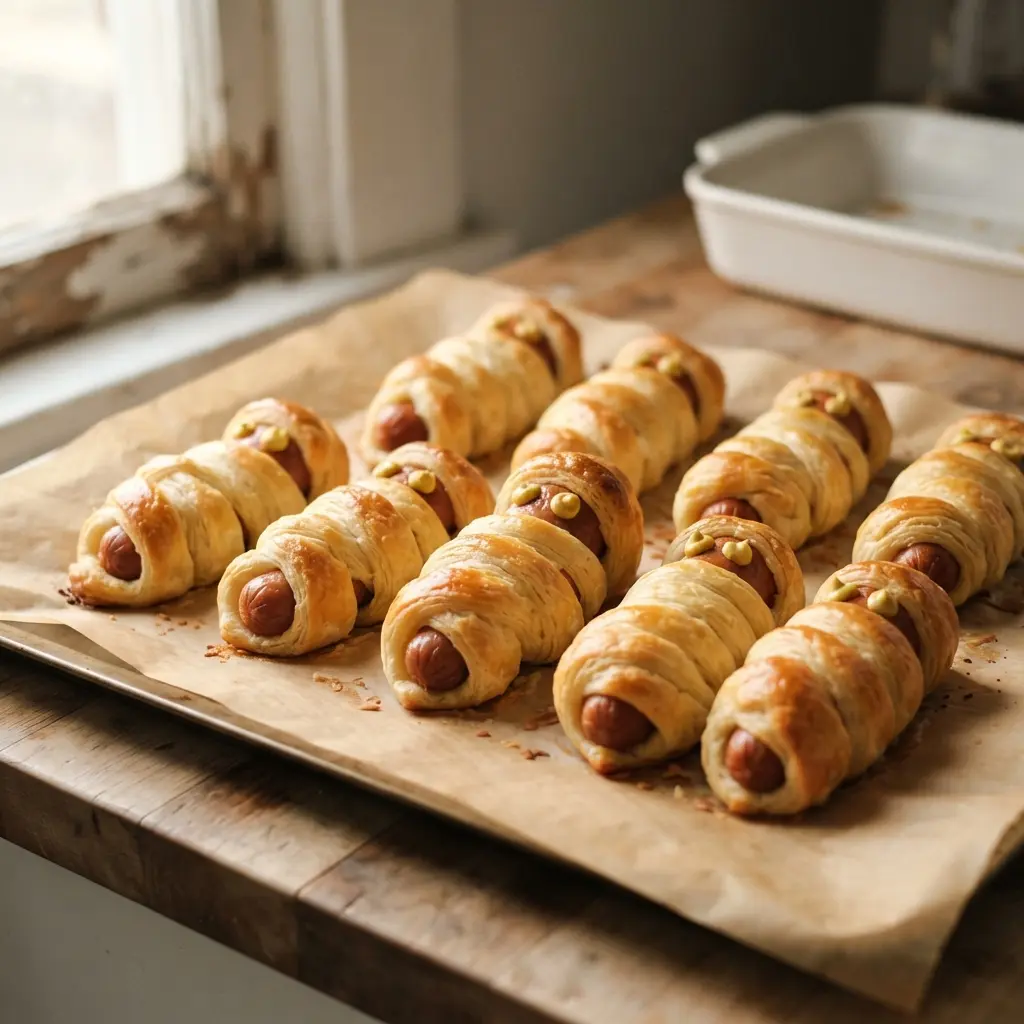 Golden crescent dough mummy dogs sit on a parchment-lined tray.