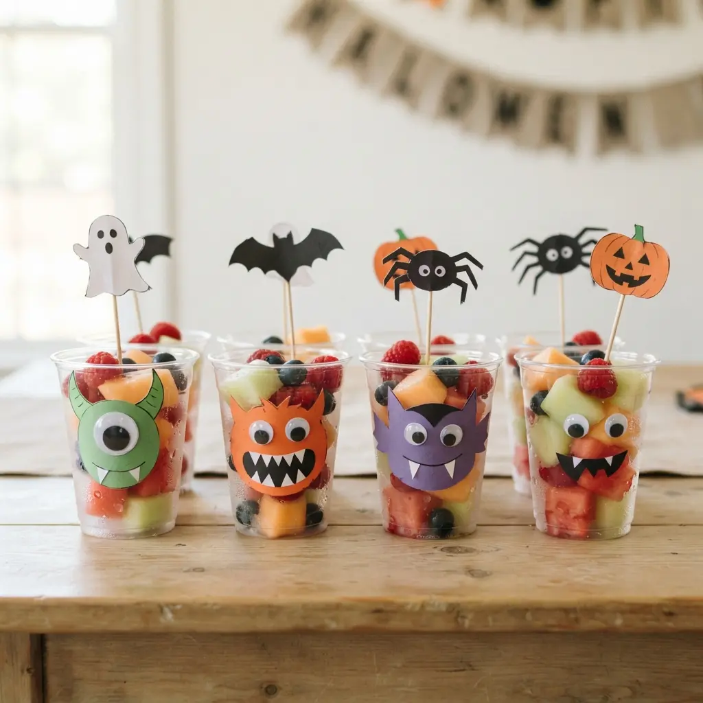 Clear fruit cups feature paper monster faces and colorful fruit.