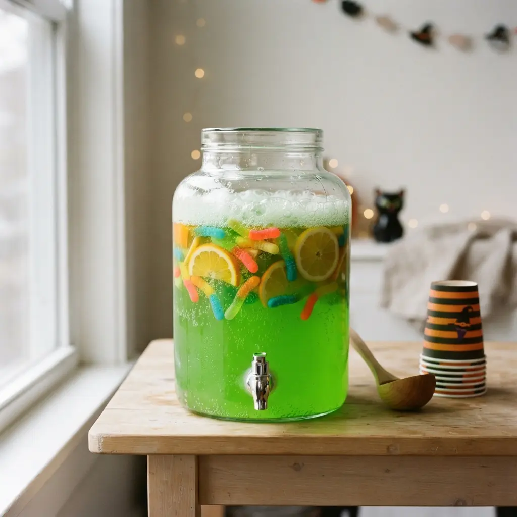 Green punch contains gummy worms and citrus slices beside striped cups.