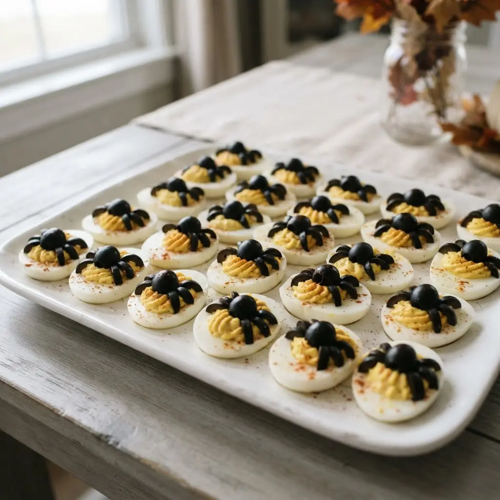 Deviled eggs have black olive spiders arranged over creamy yellow centers.