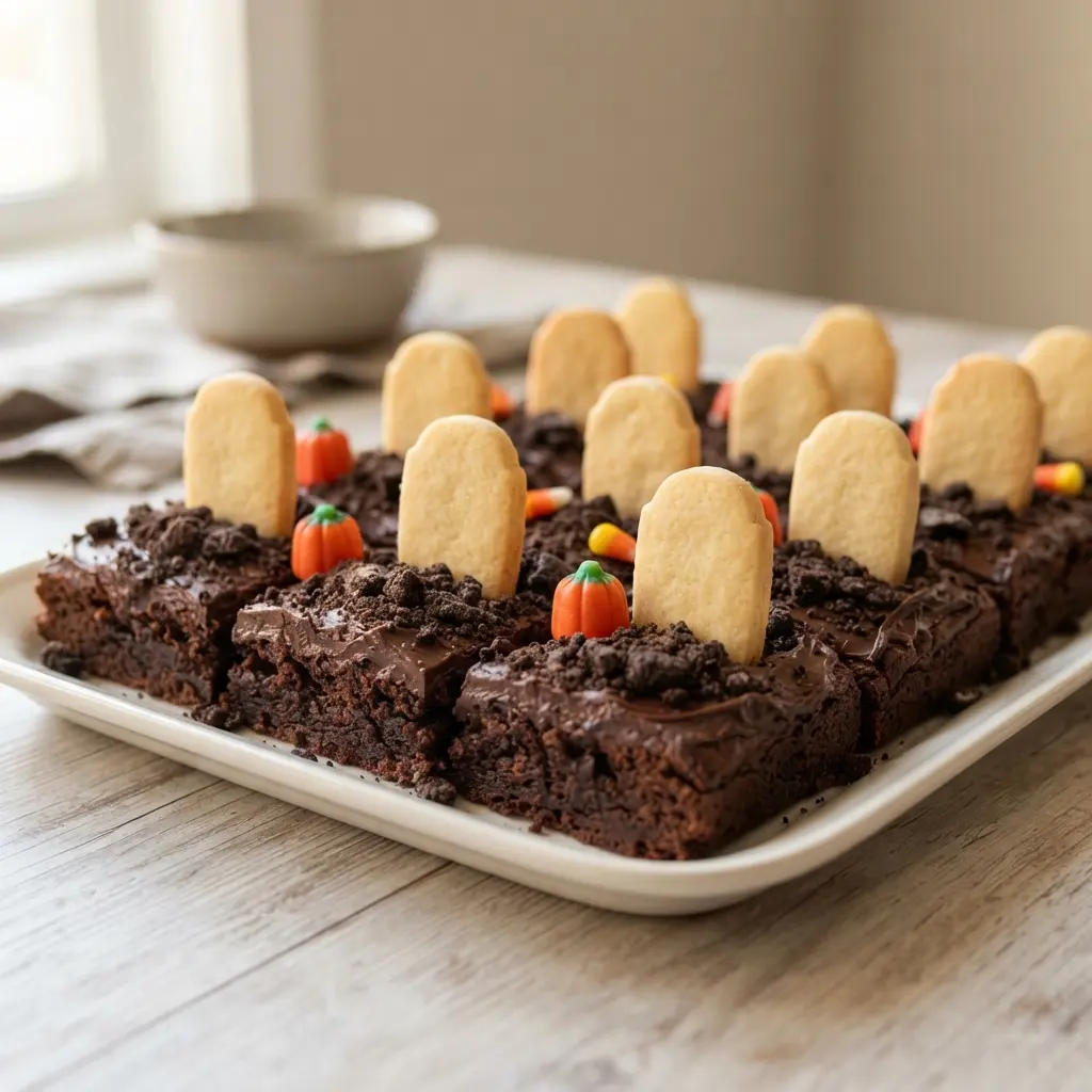 Chocolate brownies are topped with cookie tombstones and candy pumpkins.