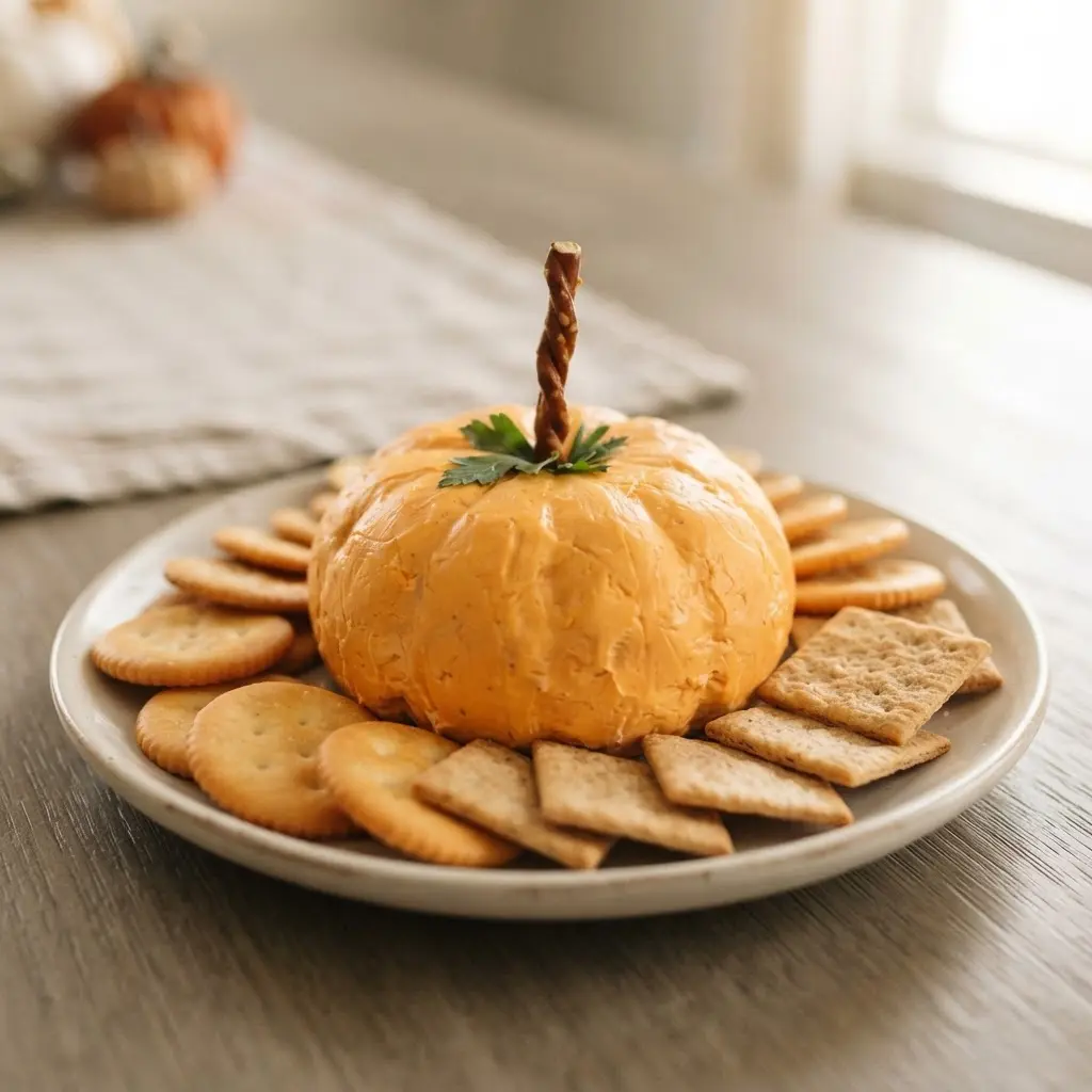 Pumpkin-shaped cheese ball served with crackers and a pretzel stem.