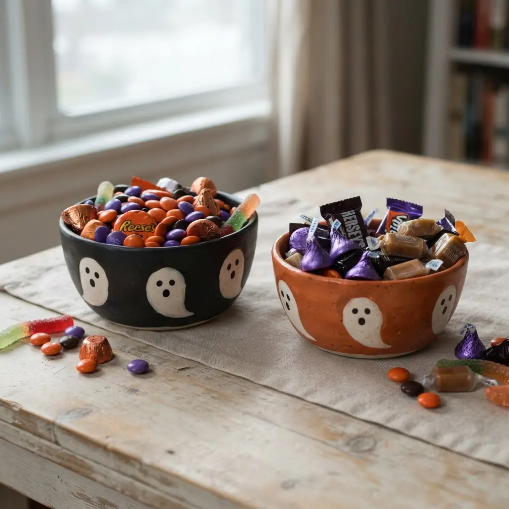 Black and orange candy bowls display sweets with handwritten labels.