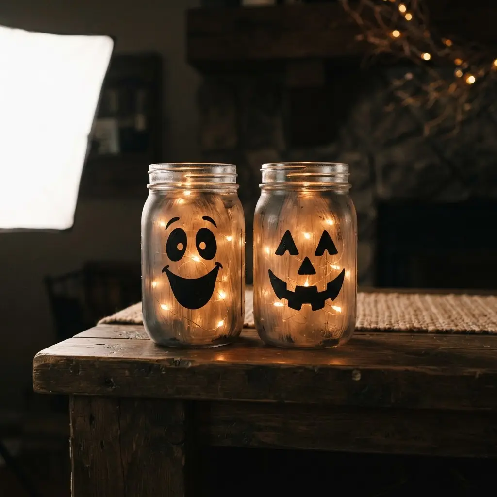 Glass mason jars with painted haunted faces glowing on a dark mantel.