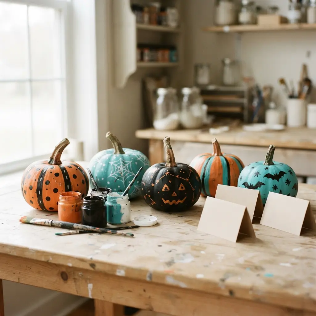 A table displays painted pumpkins, name cards, and painting supplies.
