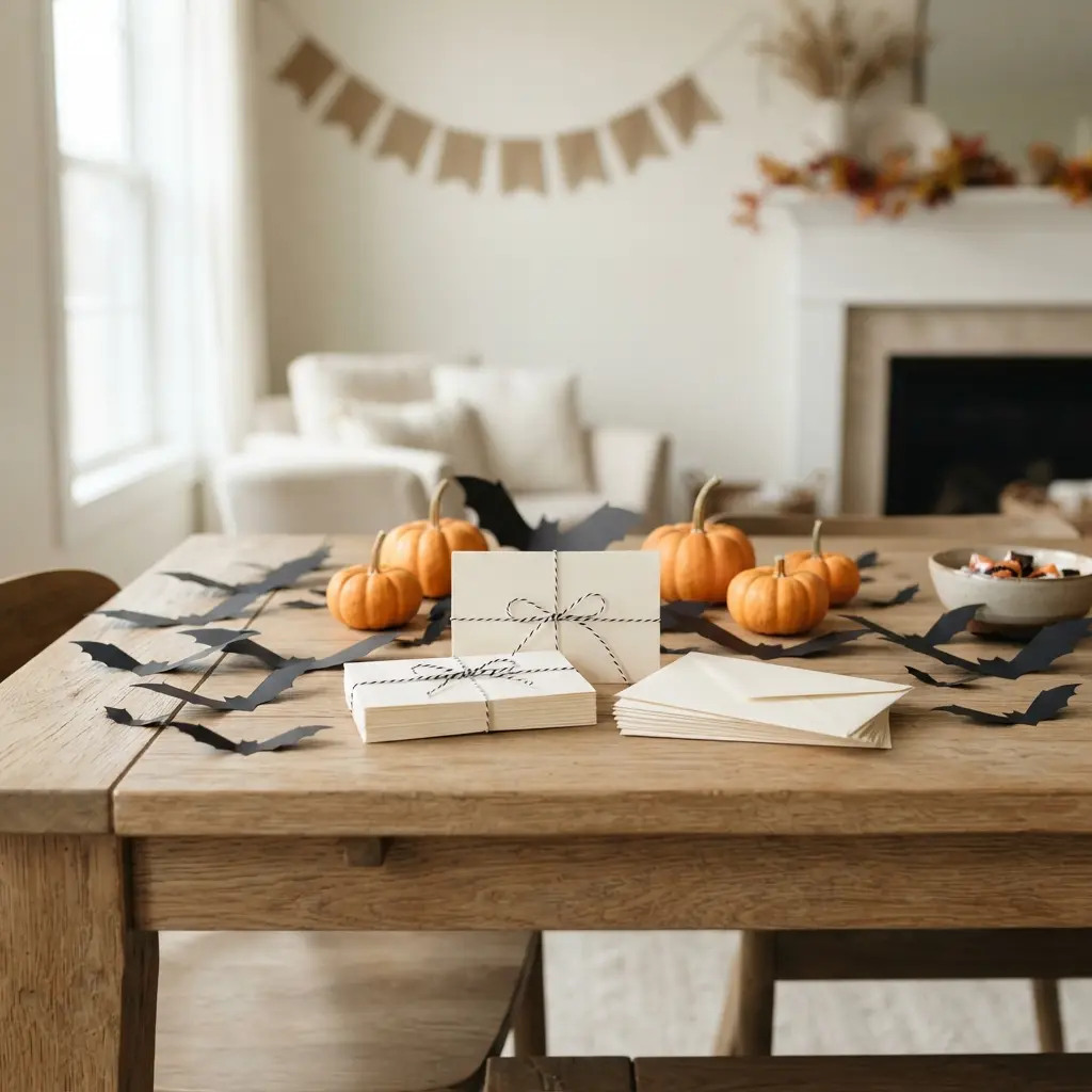 A table holds Halloween clue cards, paper bats, pumpkins, and envelopes.