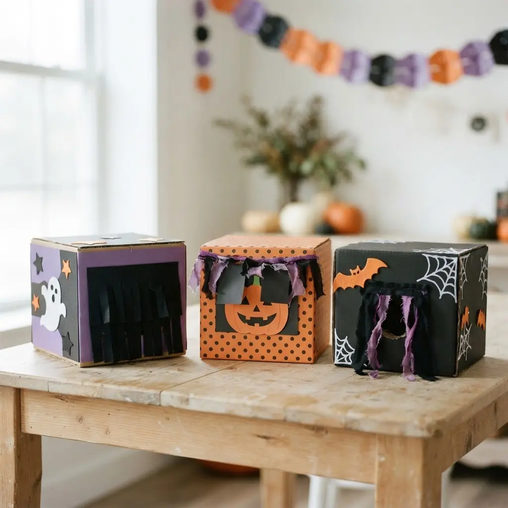 Decorated cardboard sensory boxes have covered openings and spooky labels.