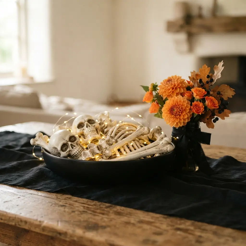 Faux skeleton bones rest in a bowl on black cloth beside orange flowers.