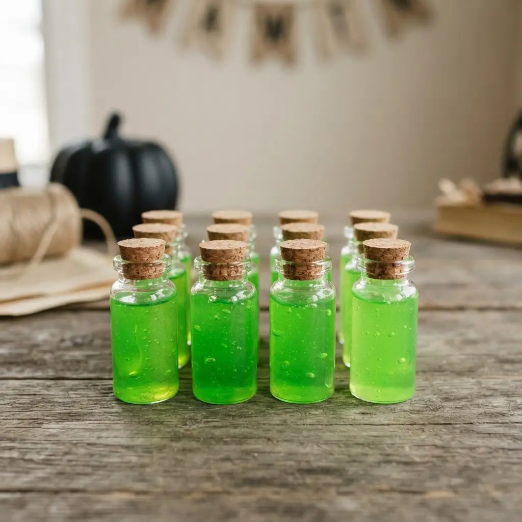 Glass vials filled with neon green slime stand with cork tops and labels.