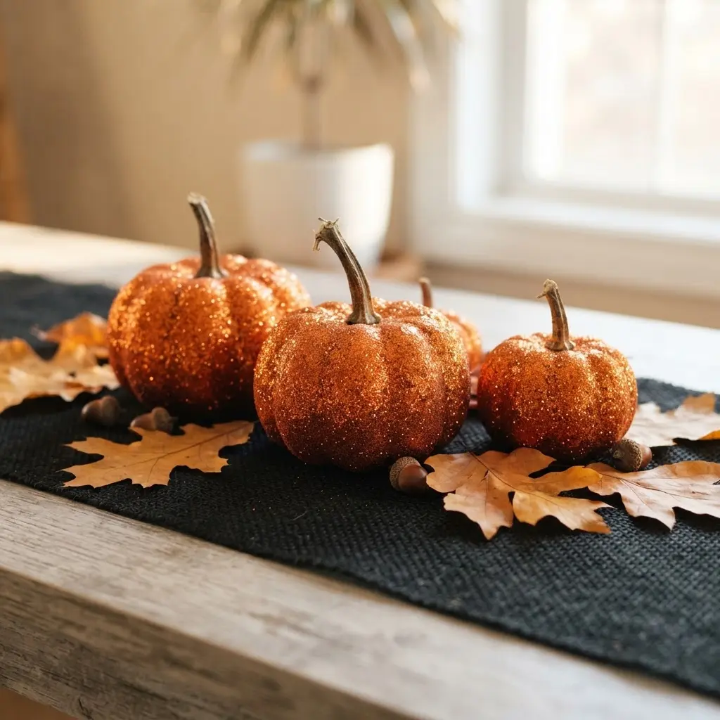 Glitter-covered orange pumpkins sit on a black table runner.
