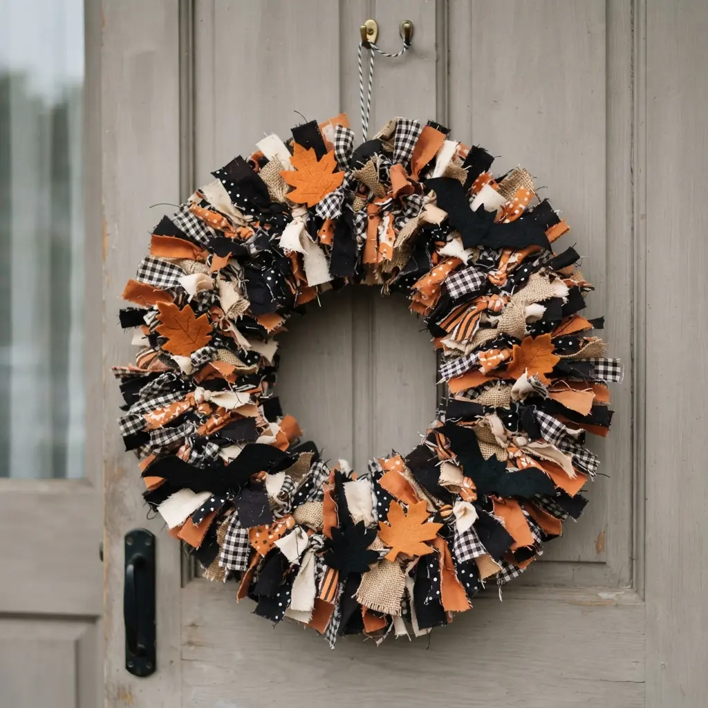 A fabric scrap wreath with felt bats and leaves hangs on a door.