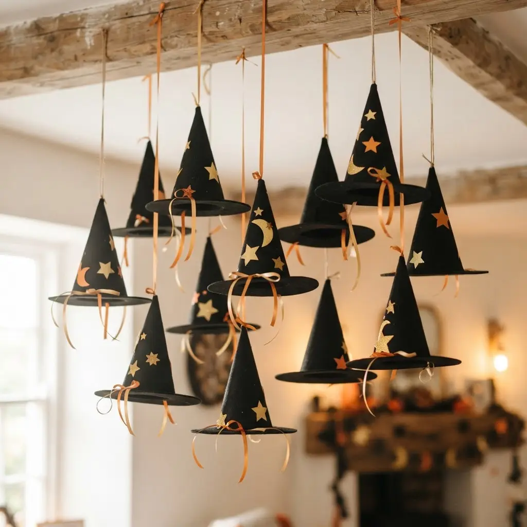 Black witch hats hang from a ceiling with ribbons and paper stars.