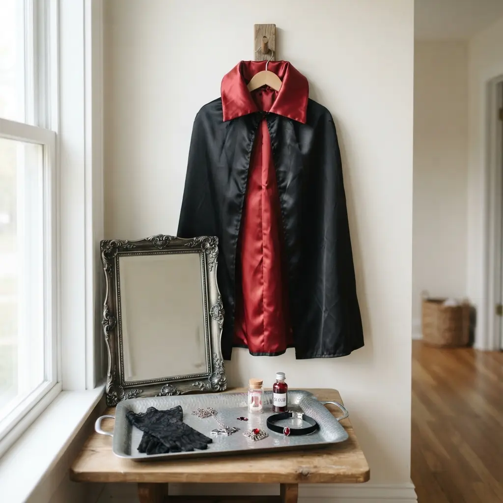 A costume station displays a vampire cape, mirror, and accessories.