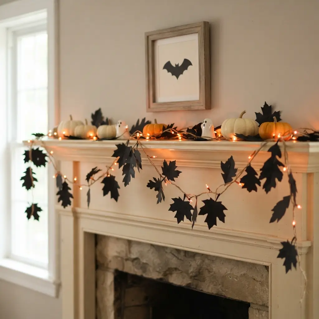 Orange string lights weave across a mantel with leaves and pumpkins.