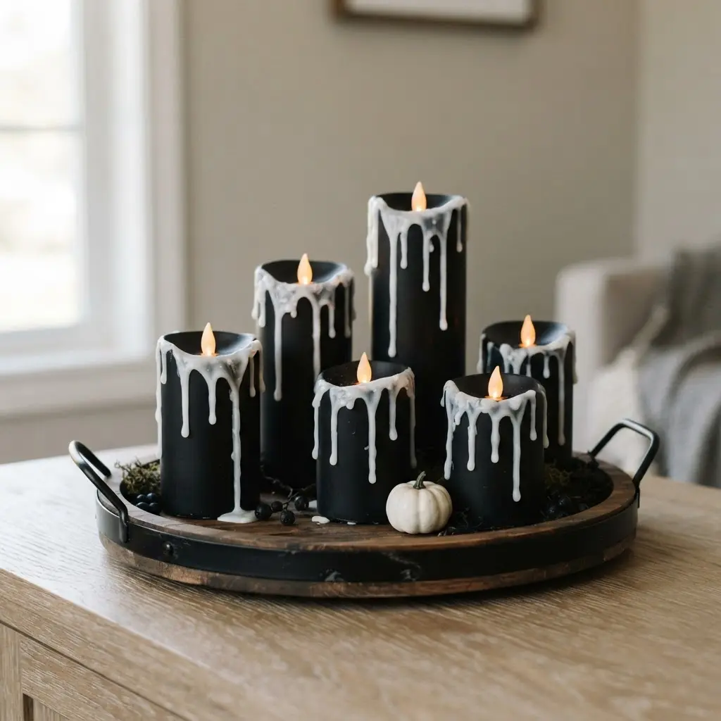 Black faux candles with white dripping wax details arranged on a tray with LED lights.