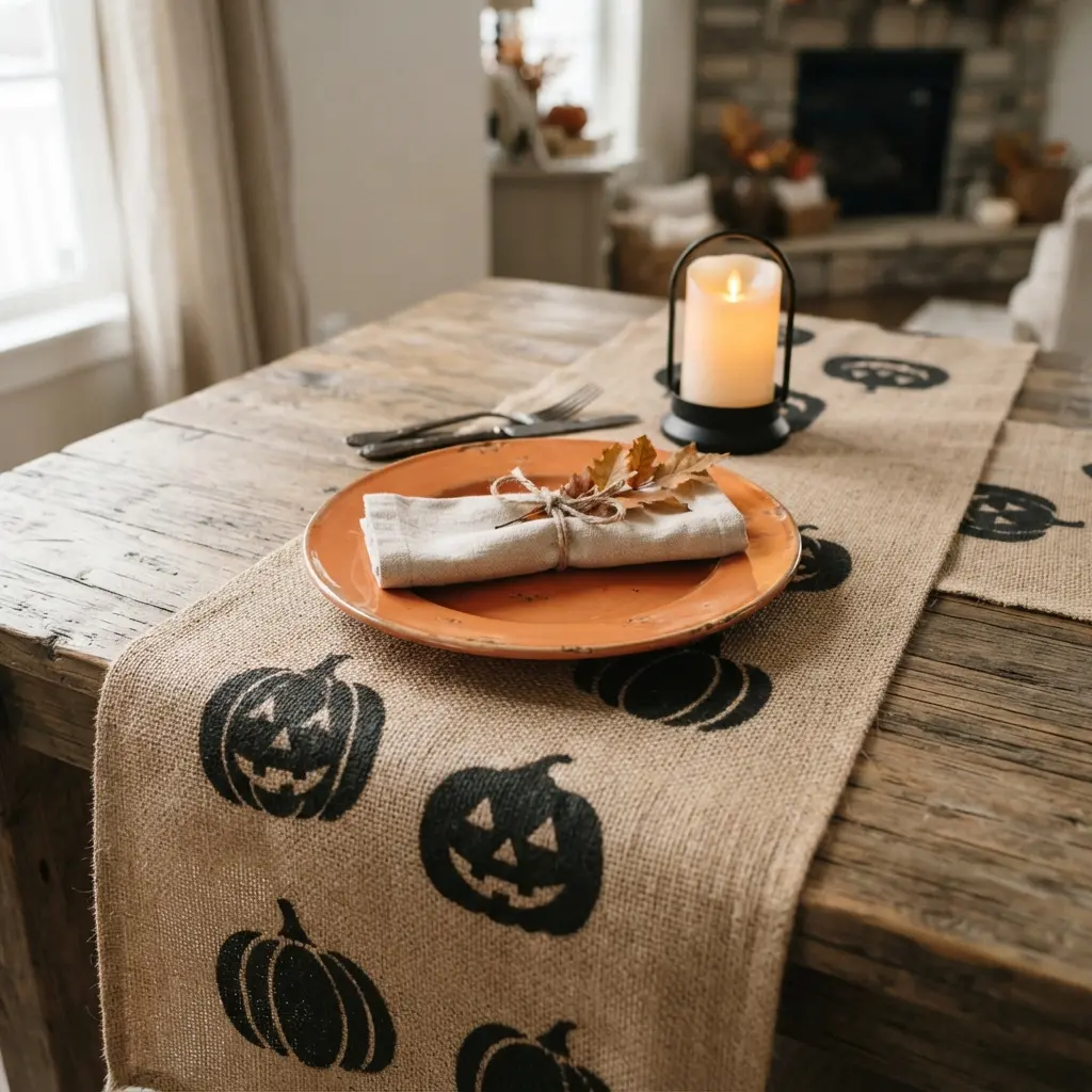A burlap table runner with black pumpkin stencils decorates a Halloween table.