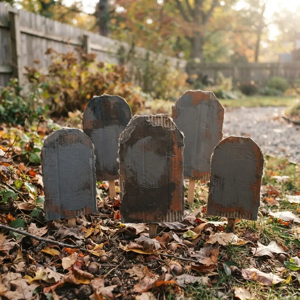 Gray cardboard tombstone yard markers standing among fallen leaves outdoors.