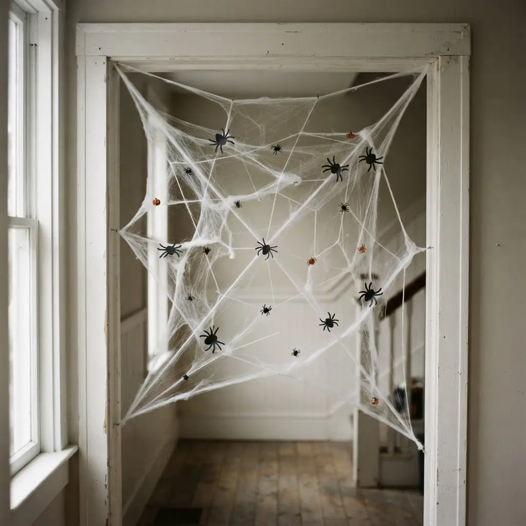 Cotton webbing stretches across a doorway with small black spiders.