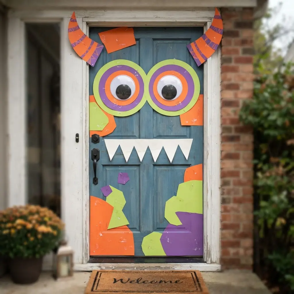 Front door covered with colorful paper monster eyes, teeth, and horns.