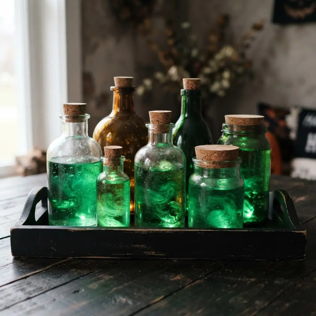 Glass potion bottles with handwritten labels and green LED lights.