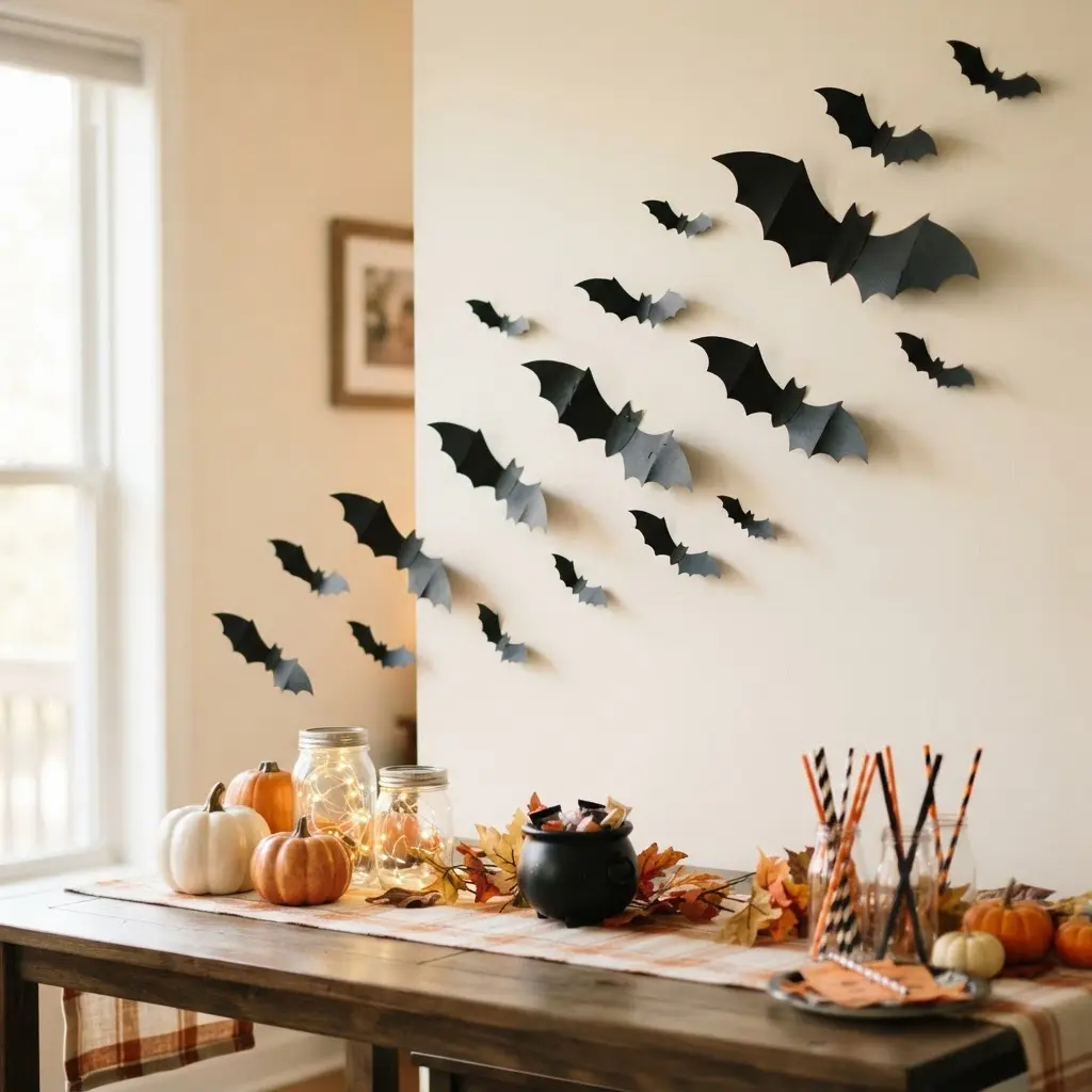 Black cardstock bats spread across a light wall above a decorated Halloween table.