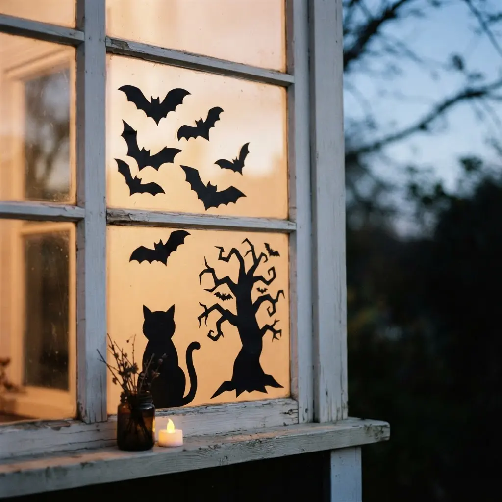 Black paper cutouts of bats, a cat, and a crooked tree appear against a softly lit window.