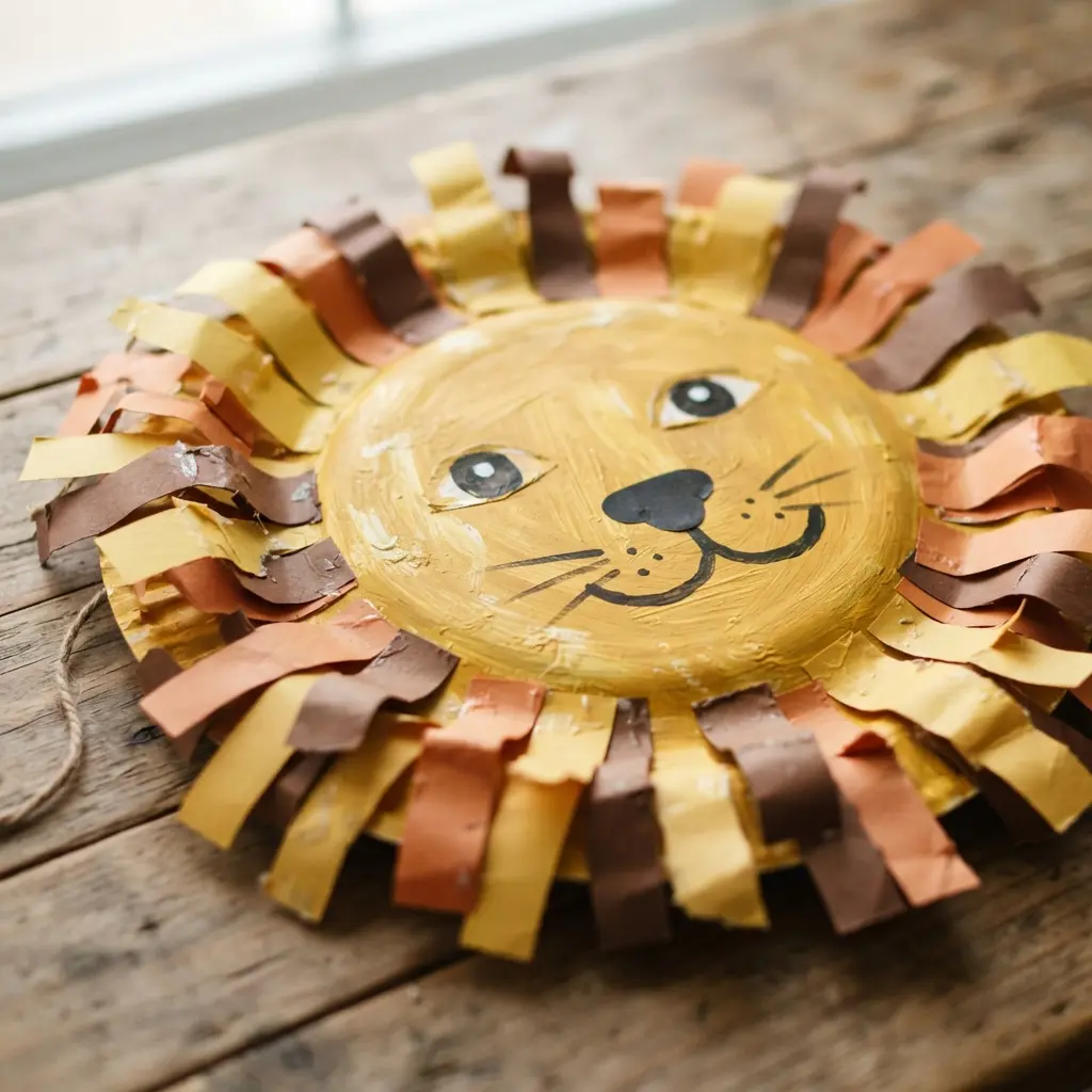 DIY Mask Ideas for Kids featuring a painted paper plate lion face with layered mane strips and open eyes.