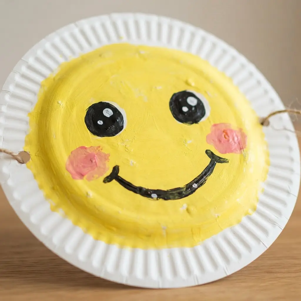 A yellow paper plate emoji mask with large round eyes, rosy cheeks, and a wide painted smile.