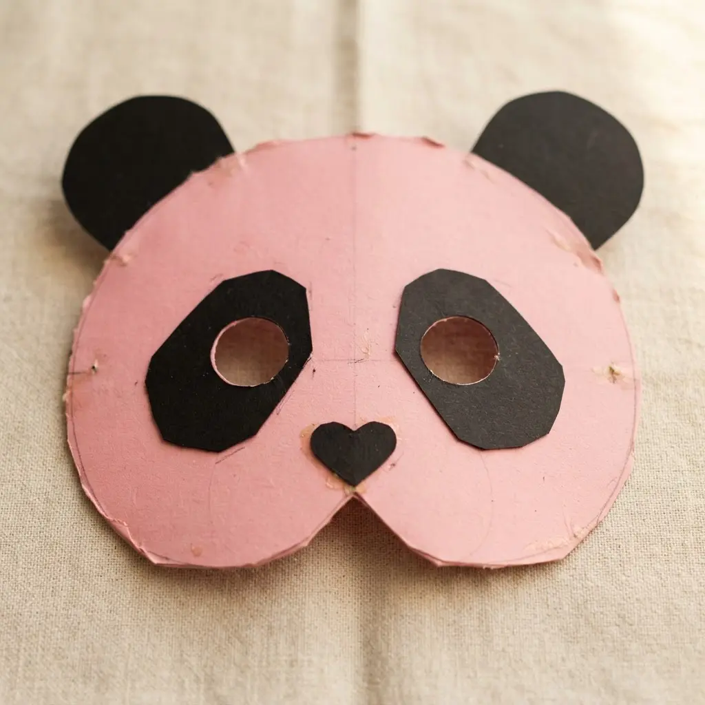 DIY Mask Ideas for Kids showing a pink cardstock panda face with black ears, eye patches, and a small nose.