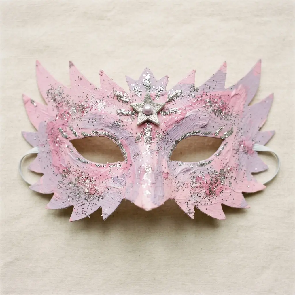A glittered cardstock fairy queen mask with pointed edges, pastel paint, and a small decorative star.
