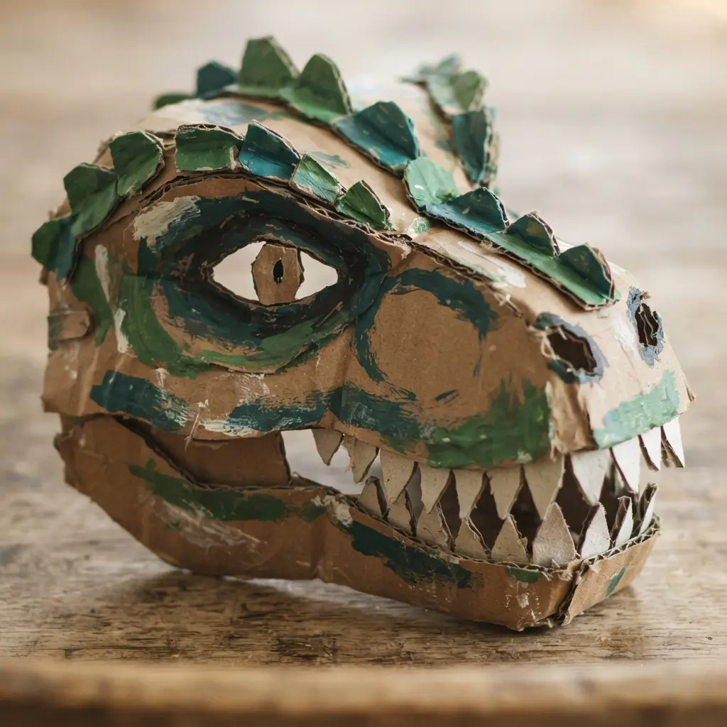 DIY Mask Ideas for Kids featuring a painted cardboard T Rex face with teeth, nostrils, and raised scale shapes.