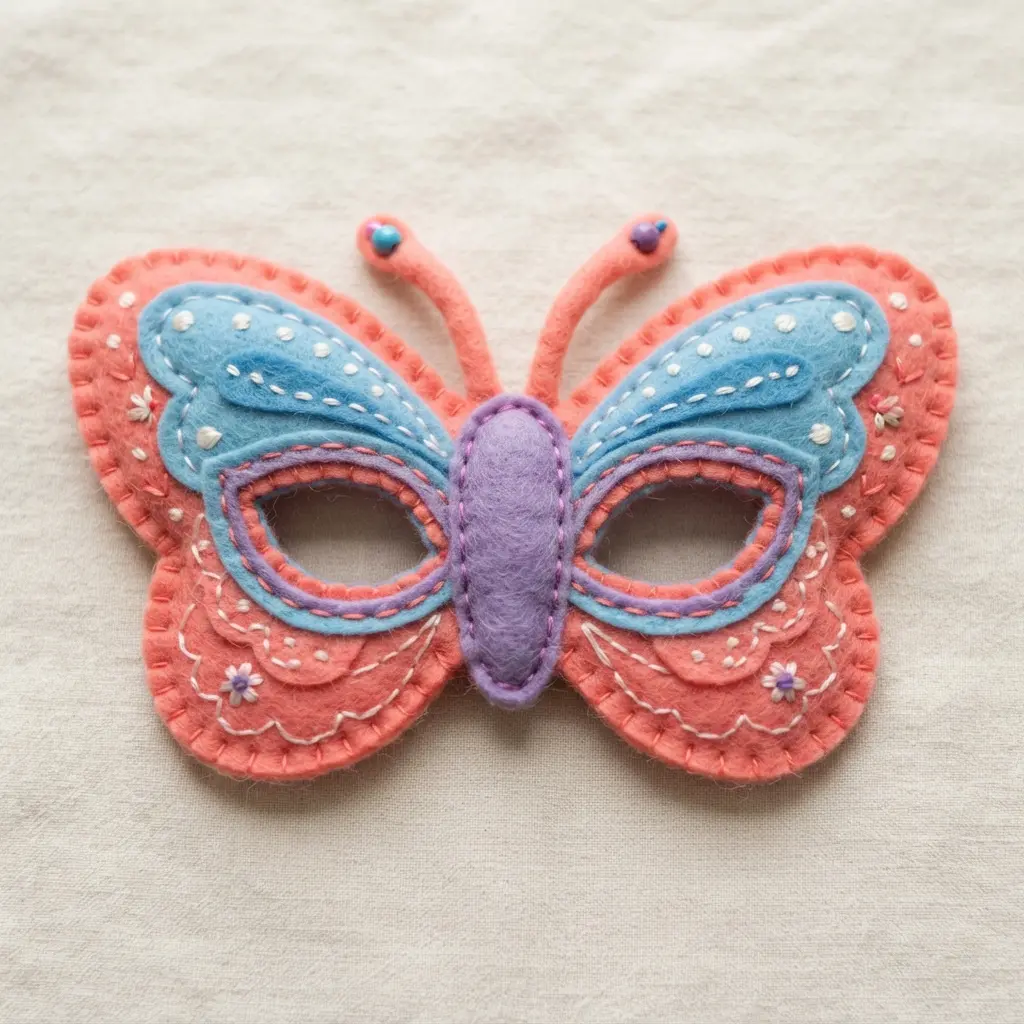 A felt butterfly eye mask with rounded wings, soft antennae, layered colors, and open eye spaces.