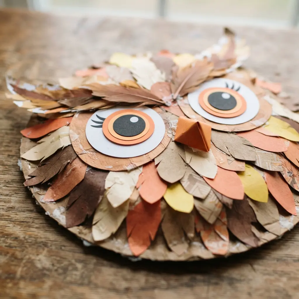 DIY Mask Ideas for Kids showing a paper plate owl face with layered feathers, large eyes, and a small beak.