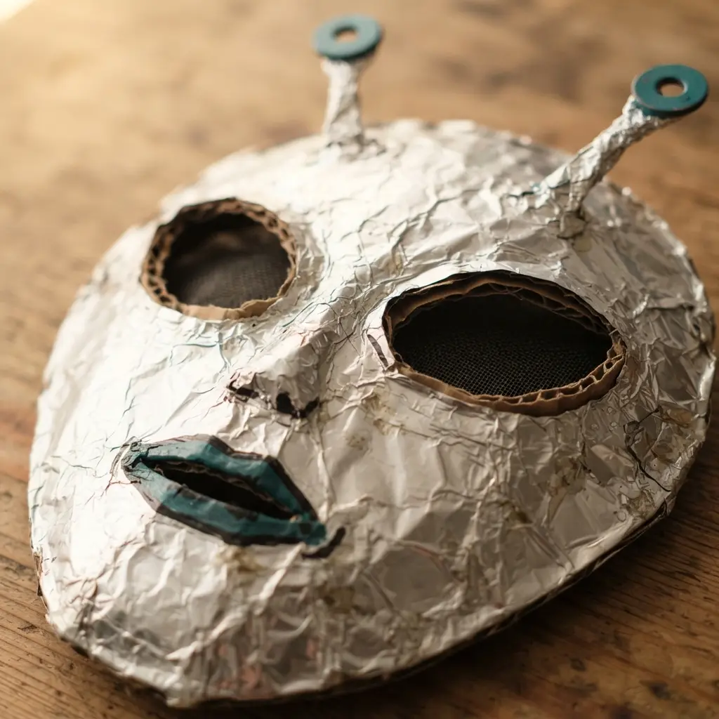 A shiny aluminum-covered cardboard alien mask with oval eyes, silver antennae, and a narrow mouth.