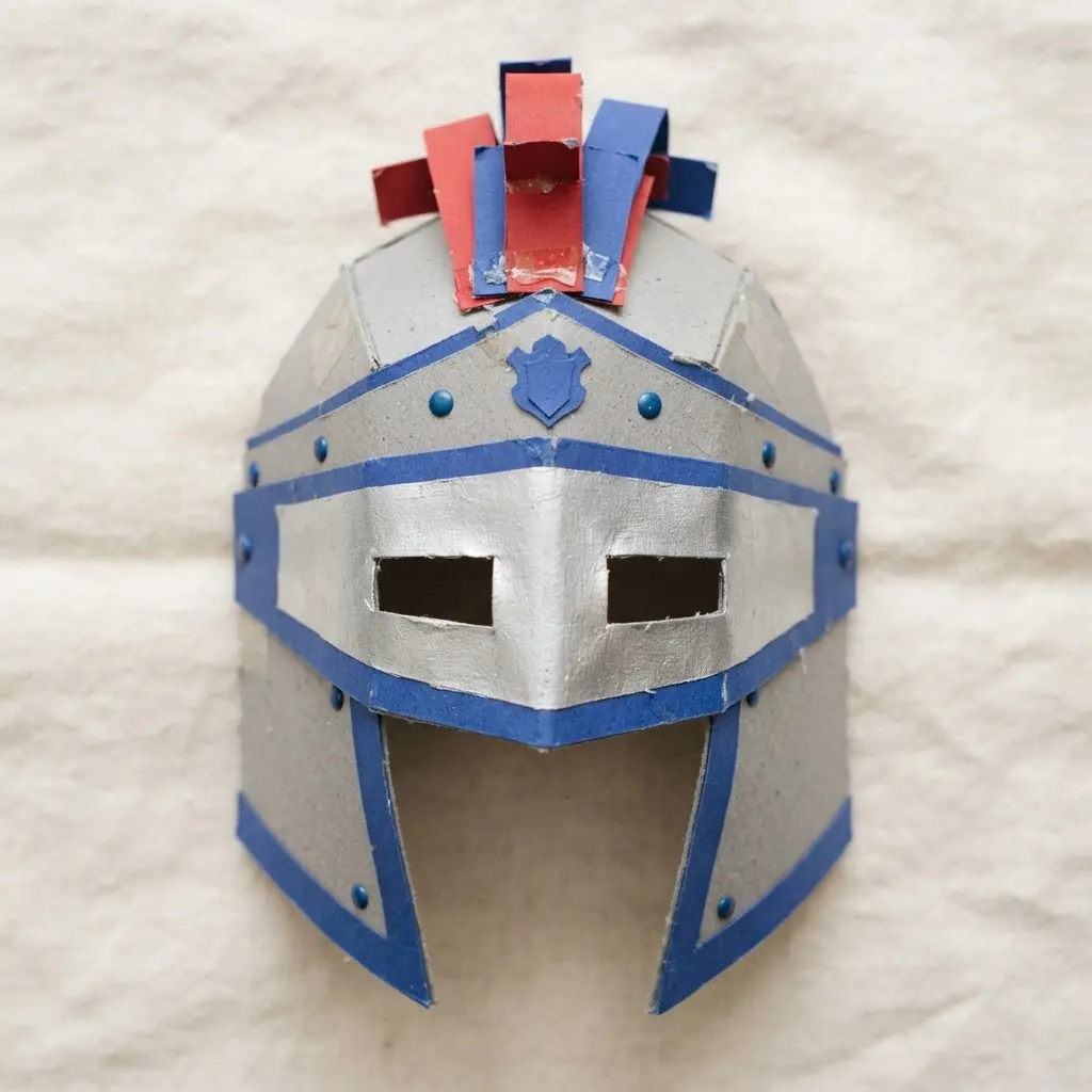 DIY Mask Ideas for Kids featuring a cardstock knight helmet face with a silver visor, crest, and blue trim.
