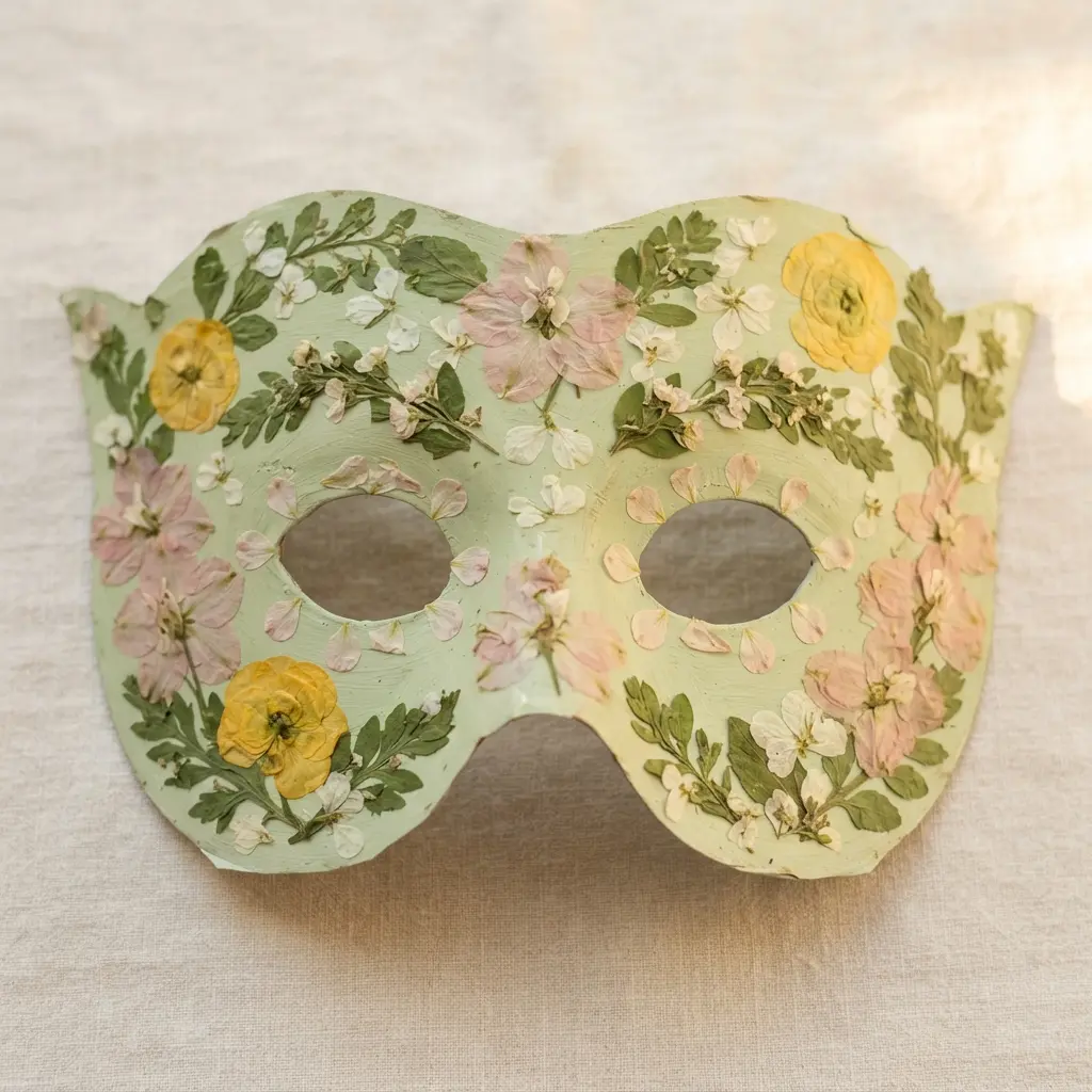 A painted cardstock garden sprite mask decorated with pressed flowers, green leaves, and rounded eye openings.