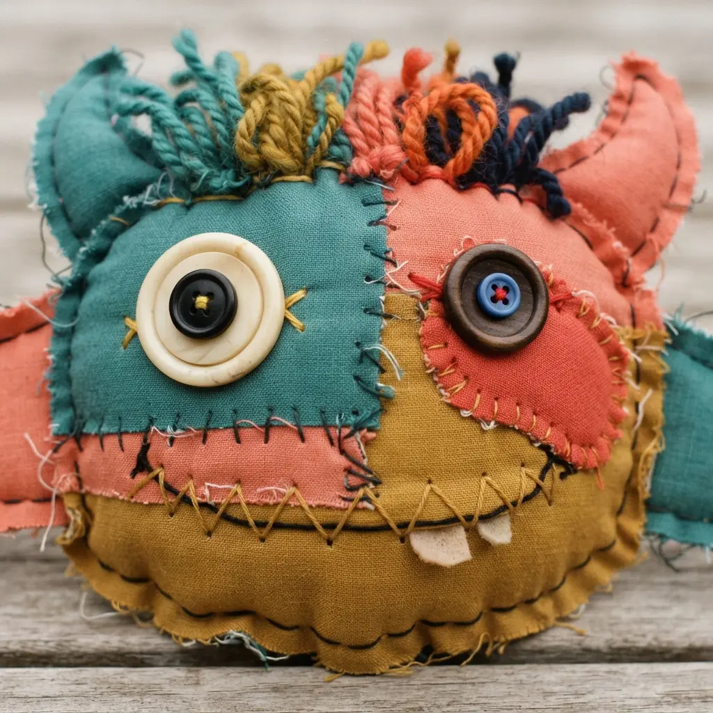 DIY Mask Ideas for Kids showing a ragdoll monster face with button eyes, yarn hair, and colorful fabric patches.