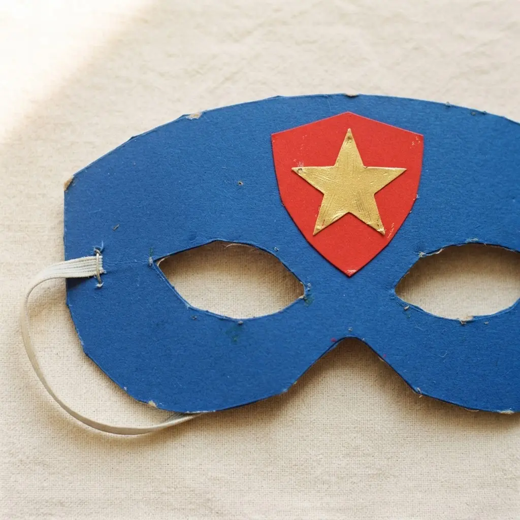 A cardstock superhero eye mask with a centered star symbol, smooth edges, and an elastic band.