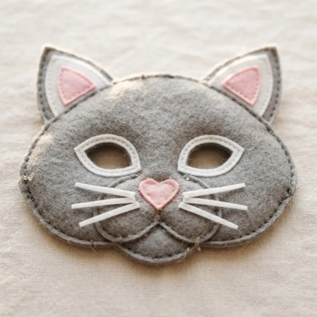 A layered felt cat mask with pointed ears, white whiskers, a pink nose, and soft gray facial pieces.